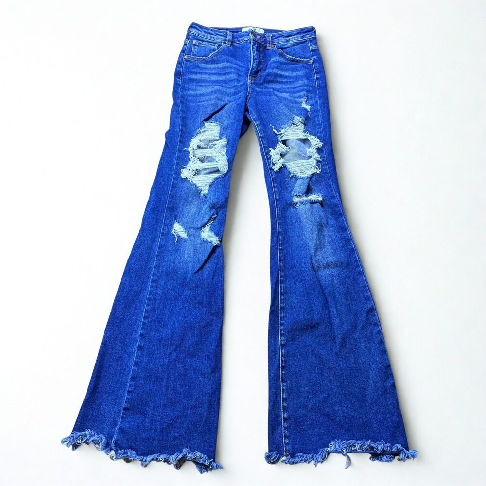 Risen Jeans Women's 5 Flare Distressed Raw Hem Stretch Medium Wash Denim 27